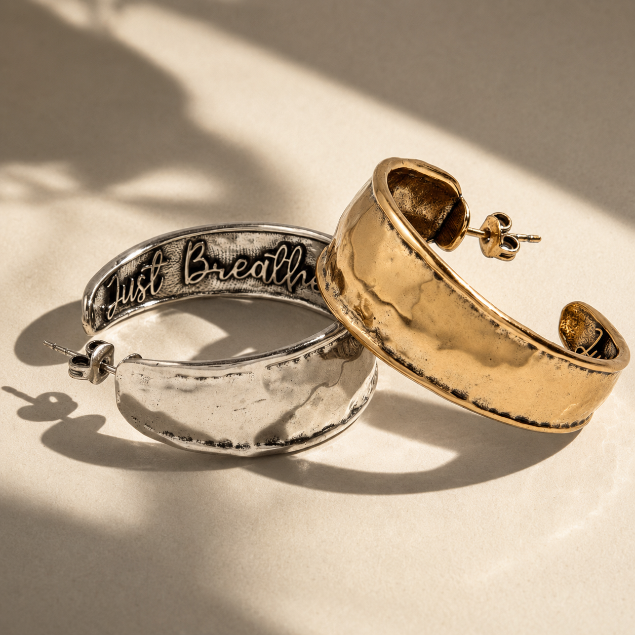 Just Breathe hoop earrings in silver and gold